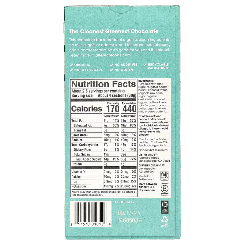 Alter Eco Dark Coconut Toffee Organic Dark Chocolate – 80 g