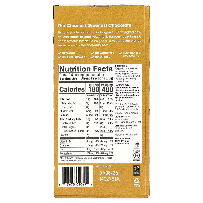 Alter Eco Dark Salted Brown Butter Organic Dark Chocolate – 80 g
