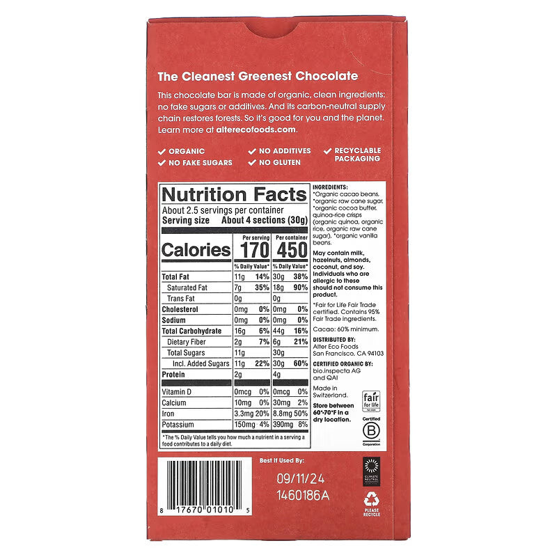 Alter Eco Deep Dark Quinoa Crunch Organic Dark Chocolate – 80 g
