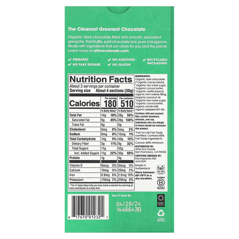 Alter Eco Mint Crème Truffle Thins Organic Dark Chocolate – 84 g