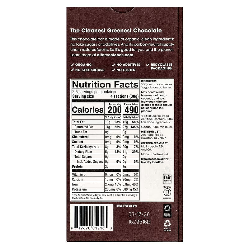 Alter Eco Total Blackout 100% Cacao Organic Dark Chocolate – 80 g