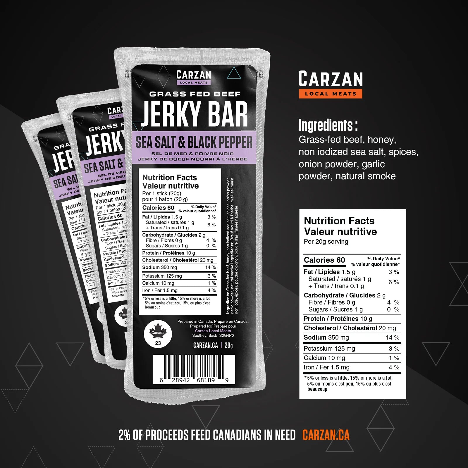 Carzan Sea Salt & Black Pepper Jerky Bars – 20 g