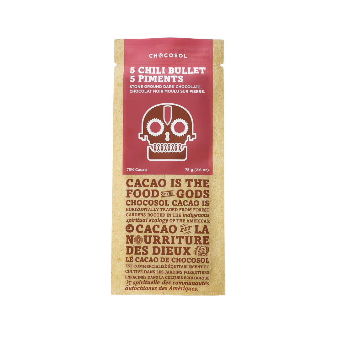 ChocoSol Five Chili Bullet 75% Dark Chocolate Bar – 75g