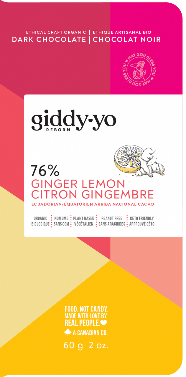 Giddy Yo Ginger Lemon 76% Dark Chocolate Bar – 60g