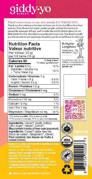 Giddy Yo Ginger Lemon 76% Dark Chocolate Bar – 60g