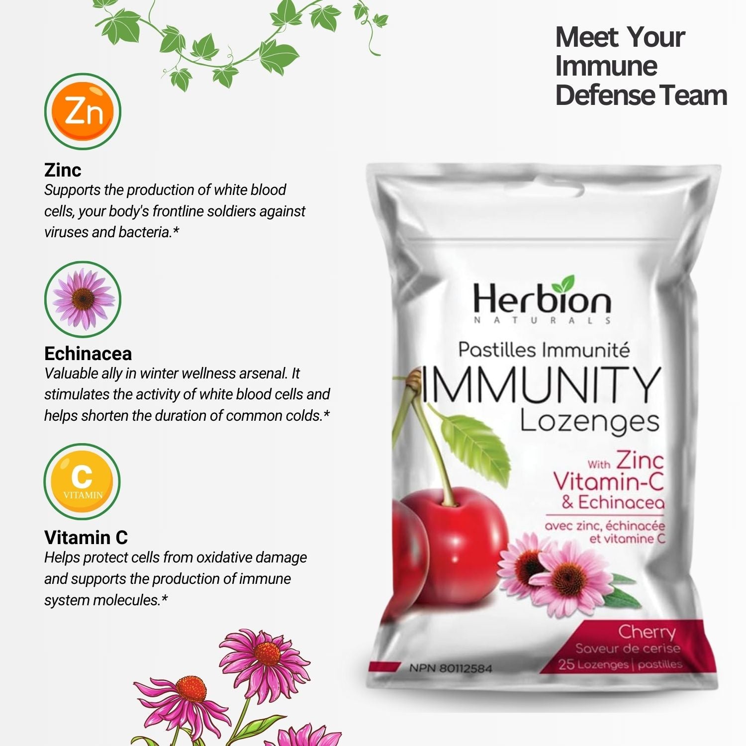 Herbion Naturals Immunity Lozenges with Zinc, Vit C & Echinacea – Cherry 25 Lozenges