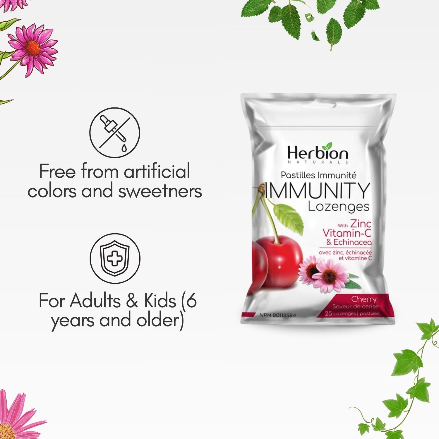 Herbion Naturals Immunity Lozenges with Zinc, Vit C & Echinacea – Cherry 25 Lozenges