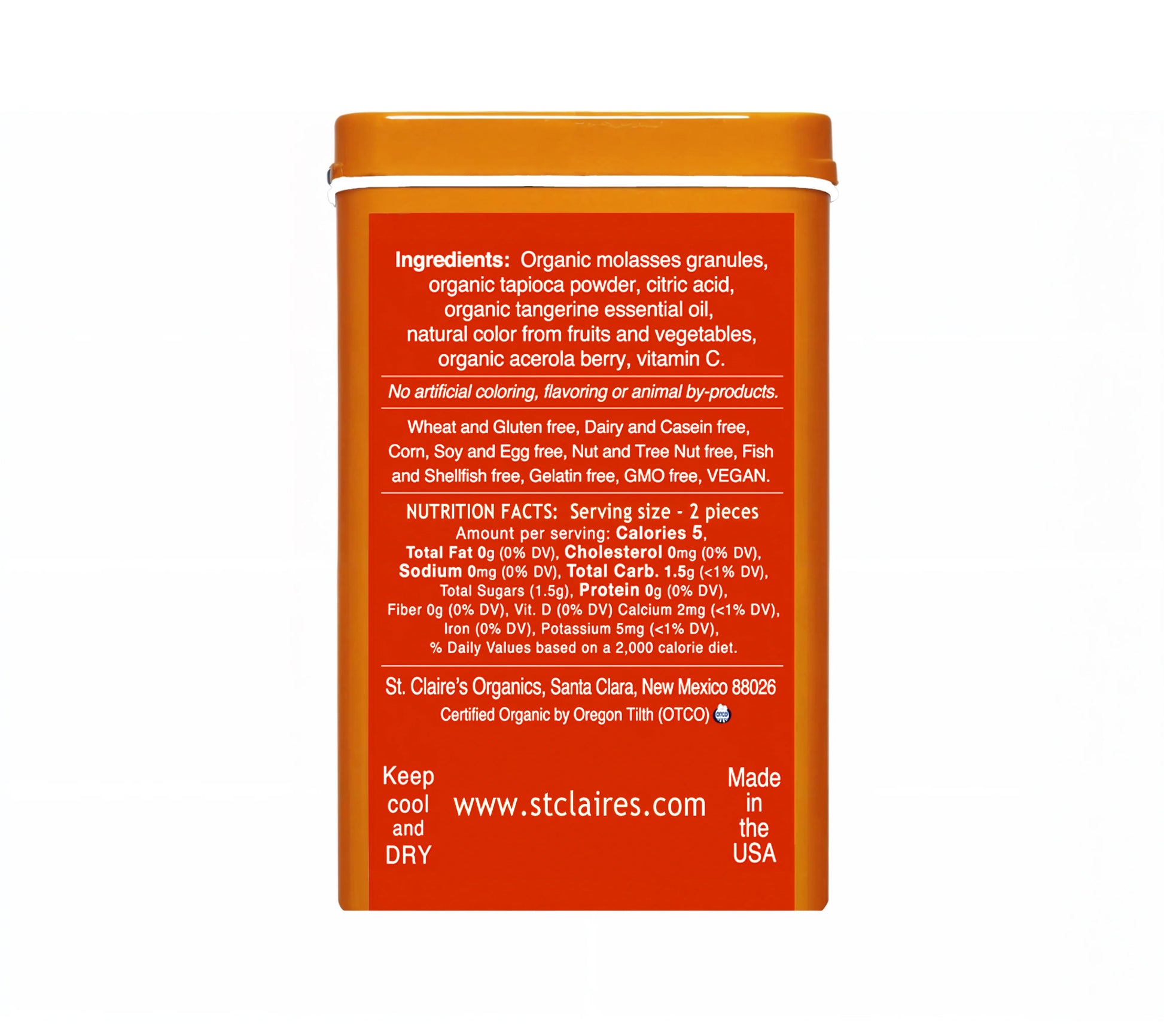 St. Claire’s Organic Tangerine Tarts With Acerola Berry Vitamin C – 1.5 oz Tin