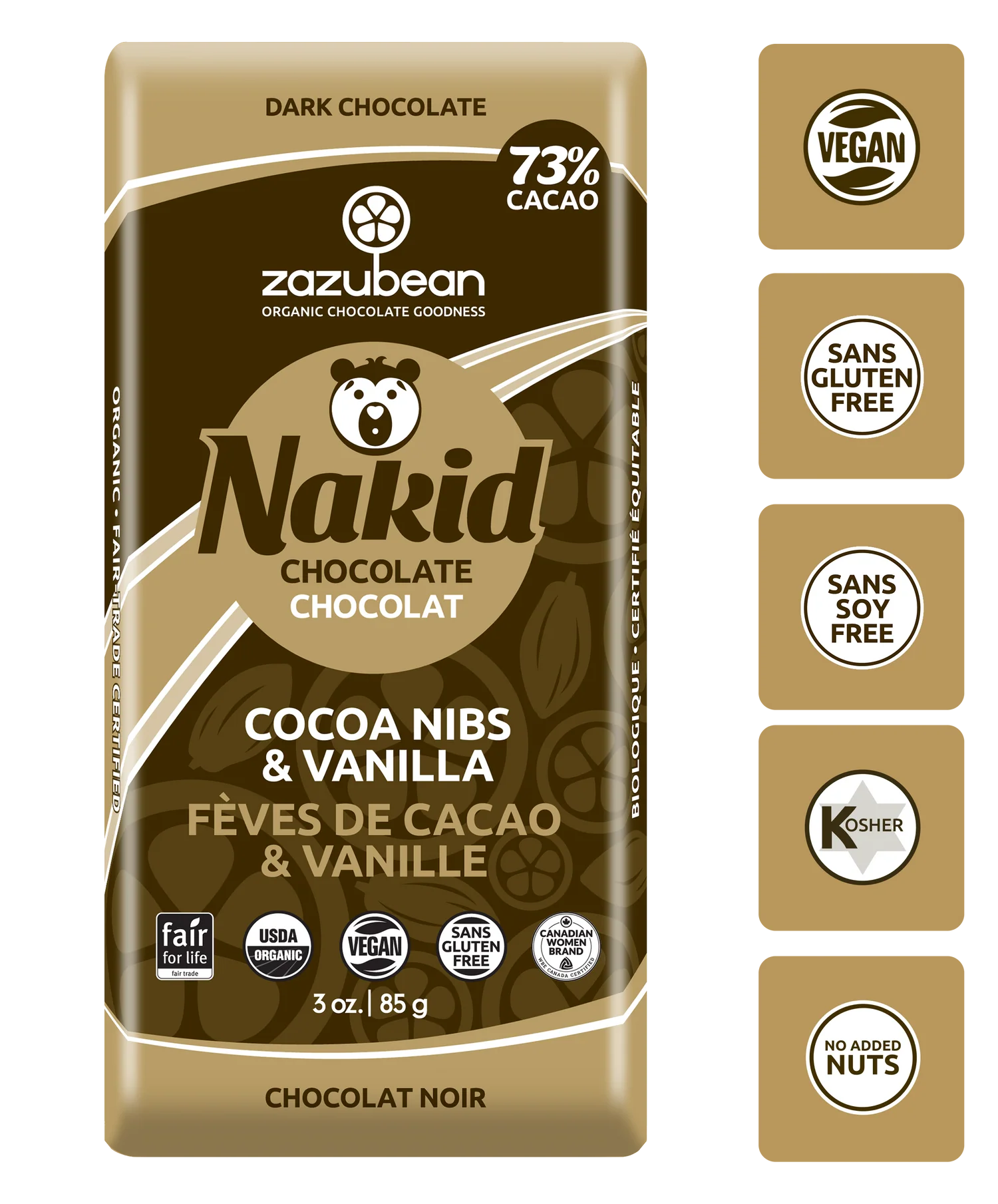Zazubean Nakid Cocoa Nibs & Vanilla Chocolate Bar – 85g